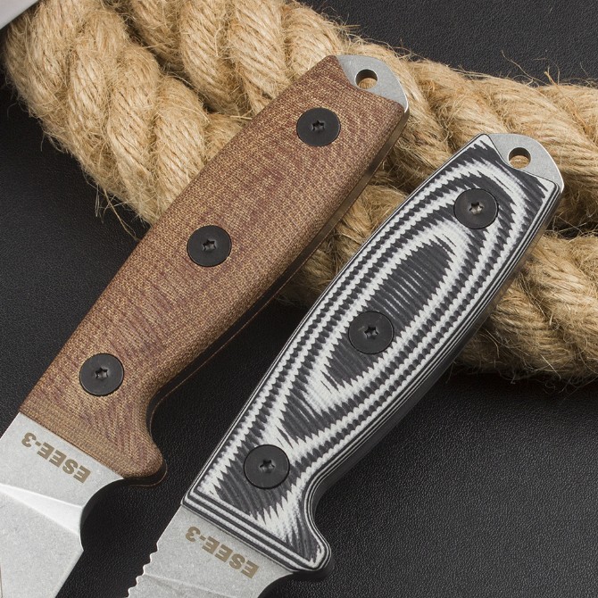 OEM version of American ESEE-3 Rowen tactical small fixed knife (black and white G10 handle/brown linen handle)