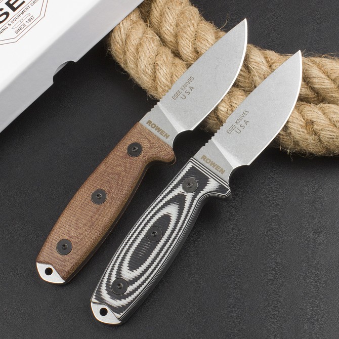 OEM version of American ESEE-3 Rowen tactical small fixed knife (black and white G10 handle/brown linen handle)