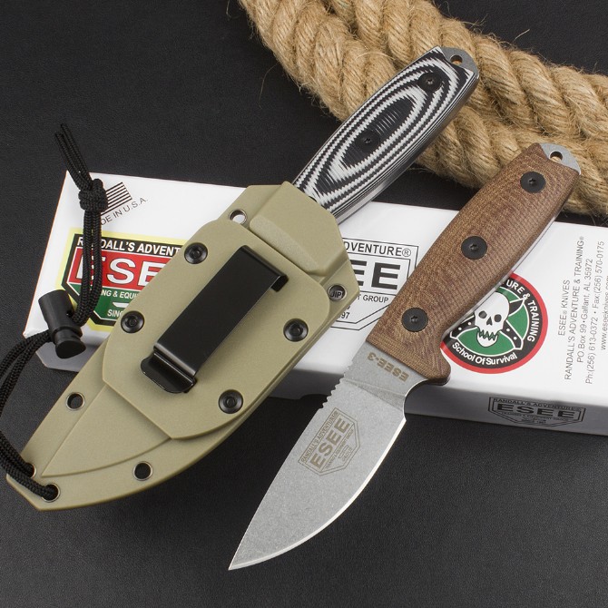 OEM version of American ESEE-3 Rowen tactical small fixed knife (black and white G10 handle/brown linen handle)