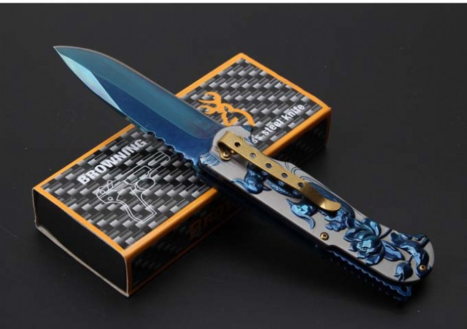 Browning-Embossed Yuanyang Quick Opening Folding Knife (Blue Titanium Version)