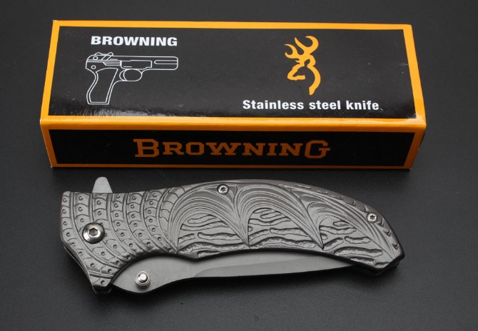 Browning-Embossed Blue Moon Quick Opening Folding Knife (Gray Titanium)