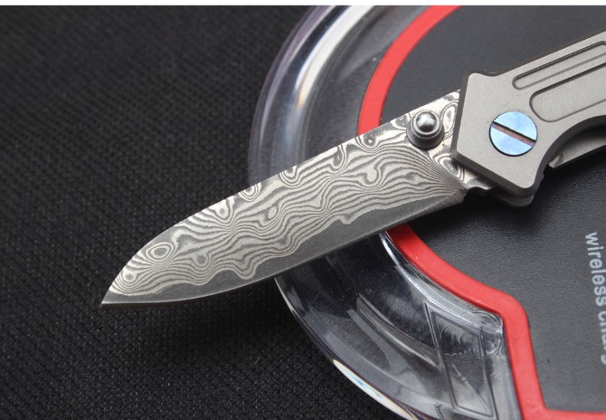 Harley-Titanium handle keychain pocket knife (Damascus steel)