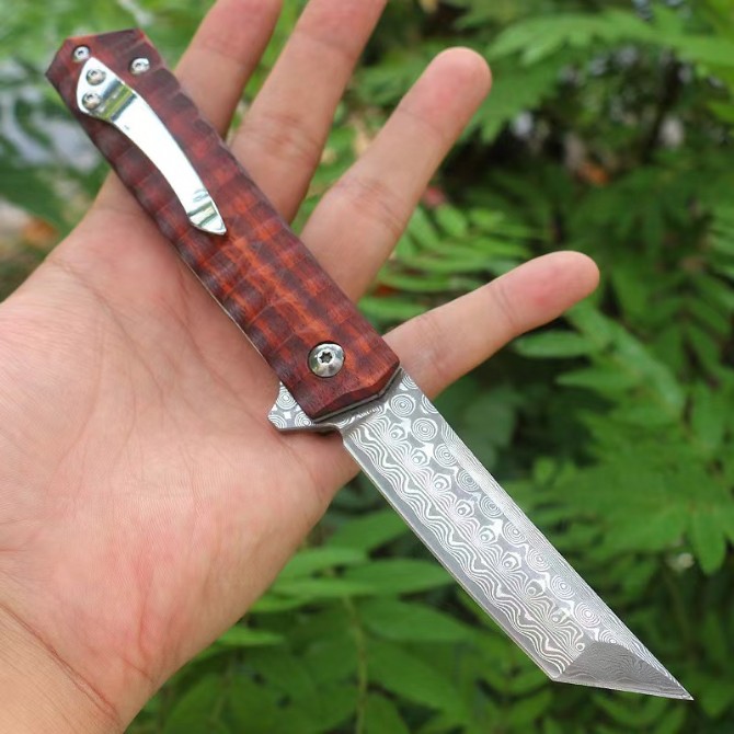 Rosewood [Must Kill] Damascus Folding Knife