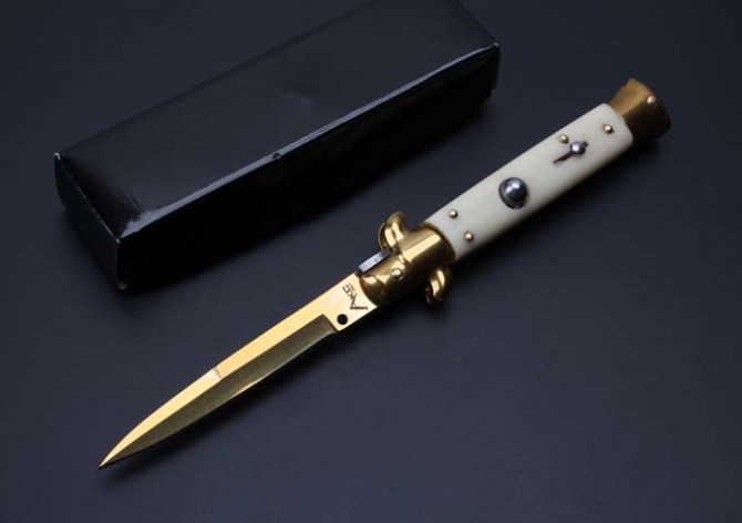 9 inch AKC Italian antique jumping knife Mafia ivory handle (gold blade)