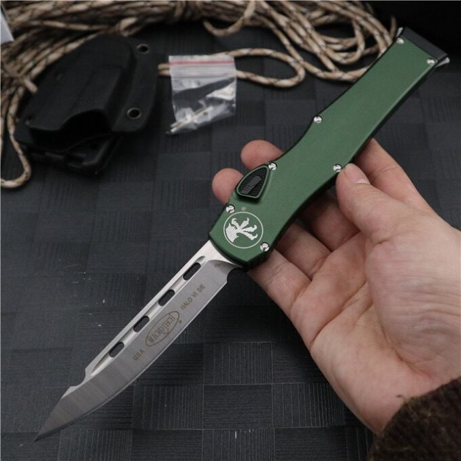 American Microtech 150-10 HALO V 6 pop-up knife (pointed green handle black handle)