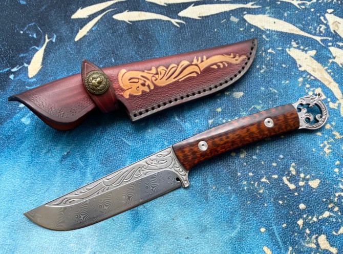 [Panlong] Damascus core steel large rose pattern fixed knife