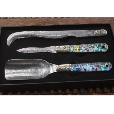 (Abalone three-piece set) Damascus tea knife gift box