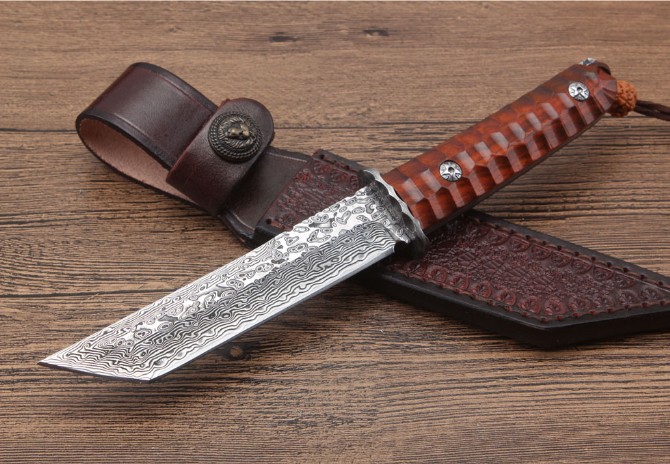 Red Rosewood Damascus Samurai Sword (Flat Head)