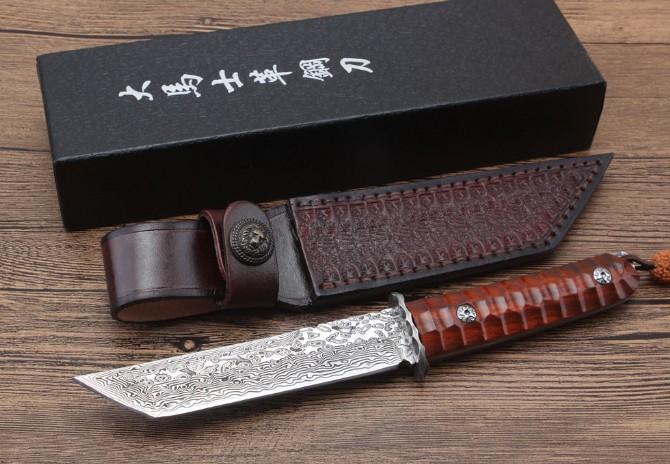 Red Rosewood Damascus Samurai Sword (Flat Head)