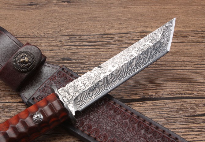 Red Rosewood Damascus Samurai Sword (Flat Head)