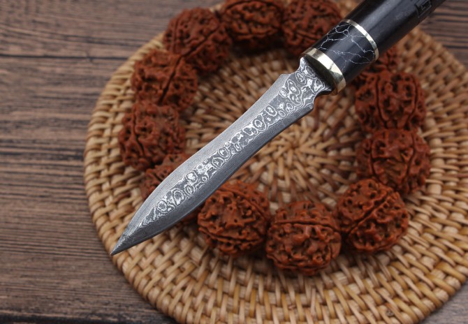 Damascus-Ebony Dragon Carved Tea Knife