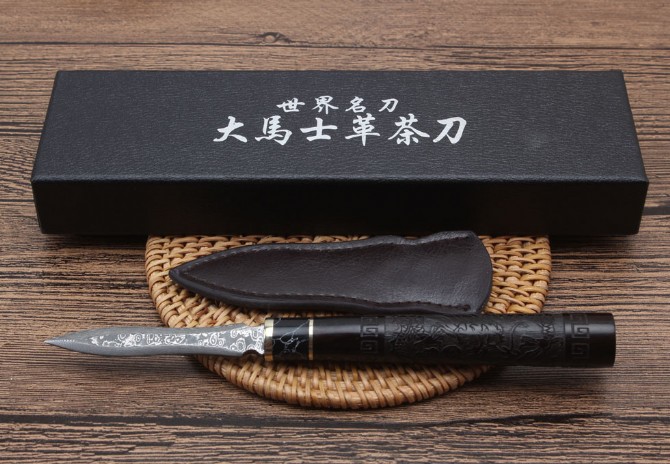 Damascus-Ebony Dragon Carved Tea Knife