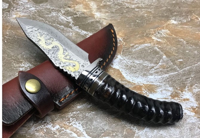 Tenglong-Damascus handmade knife (black sheep horn handle)