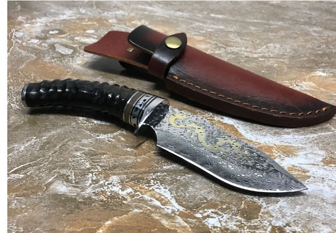 Tenglong-Damascus handmade knife (black sheep horn handle)