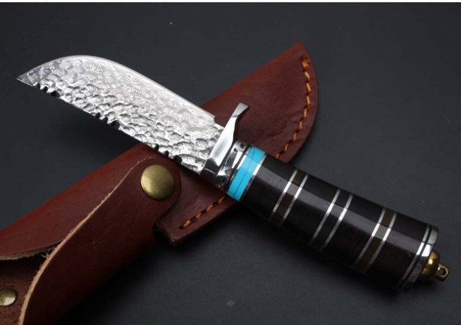 Thomas - Damascus ebony horn fixed knife