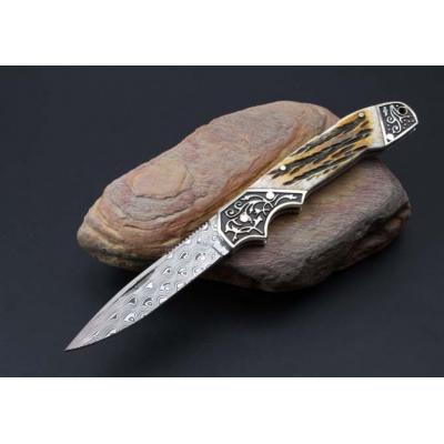 Imported Ruifeng Damascus steel antler handle folding knife