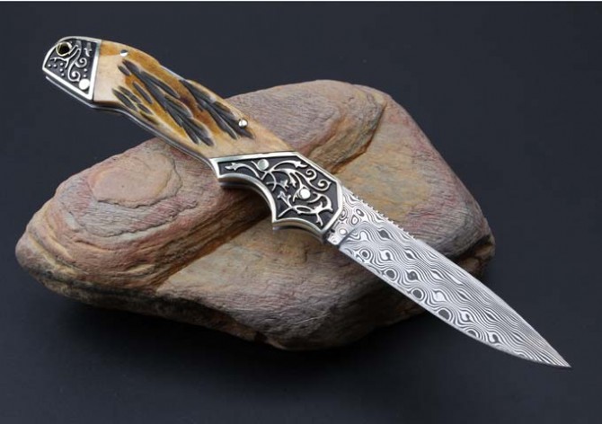 Imported Ruifeng Damascus steel antler handle folding knife