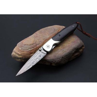 Imported Ruifeng Damascus steel brass inlaid ebony handle folding knife