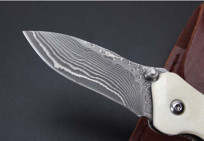 Damascus-ZT Beast Bone Pocket Knife