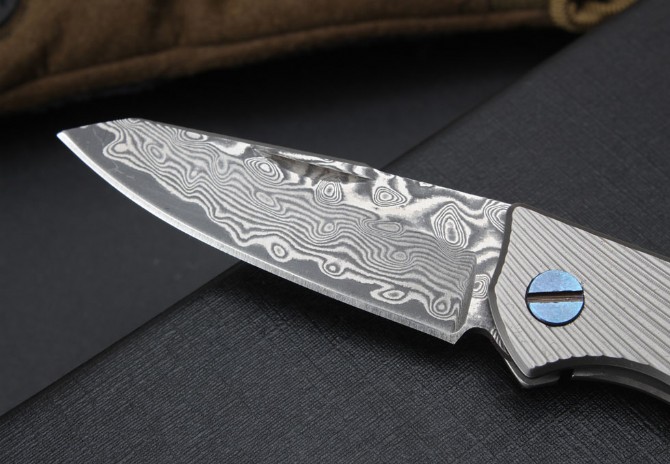 Titanium handle striped keychain knife (Damascus)