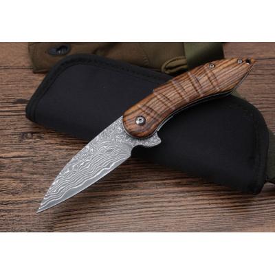 Moscow Rosewood Damascus Bearing Quick Opening Folding Knife (006)