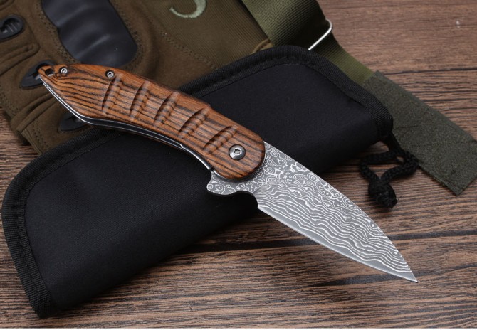 Moscow Rosewood Damascus Bearing Quick Opening Folding Knife (006)