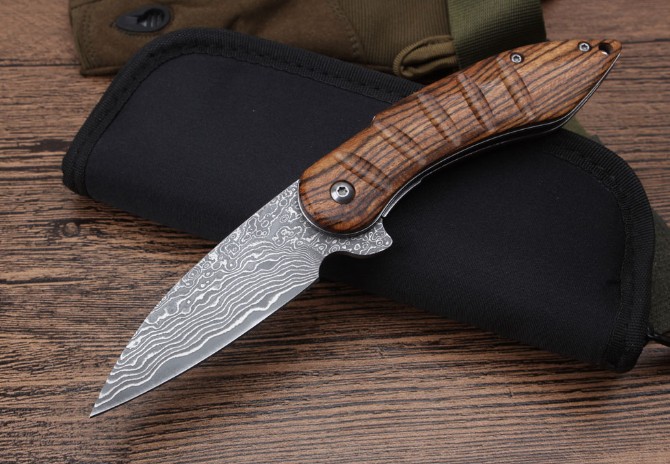 Moscow Rosewood Damascus Bearing Quick Opening Folding Knife (006)