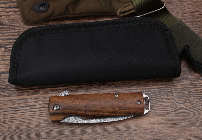 Moscow Rosewood Damascus Bearing Quick Opening Folding Knife (099)