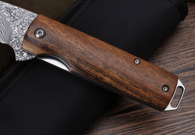 Moscow Rosewood Damascus Bearing Quick Opening Folding Knife (099)