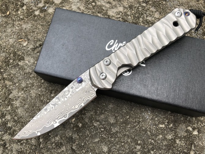 Christopher-Damascus titanium handle folding knife (wavy pattern)