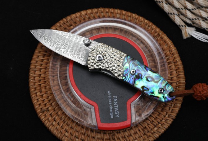 Damascus - Abalone Folding Knife