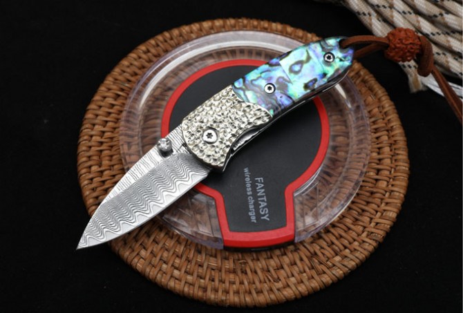 Damascus - Abalone Folding Knife