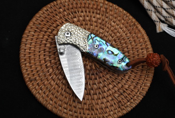 Damascus - Abalone Folding Knife