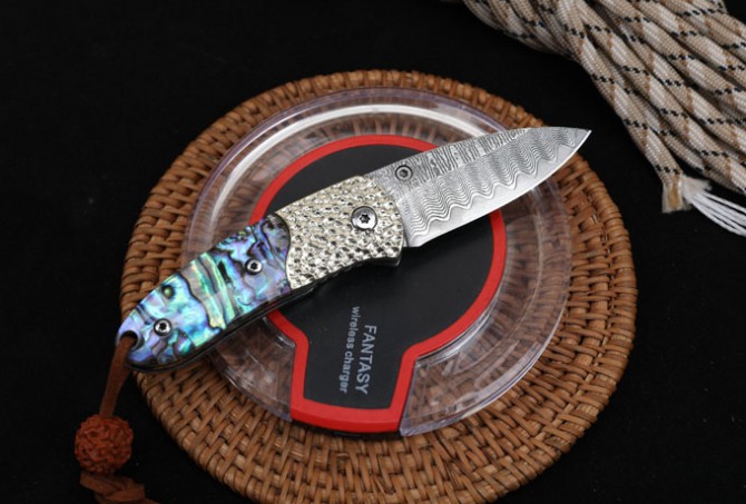 Damascus - Abalone Folding Knife