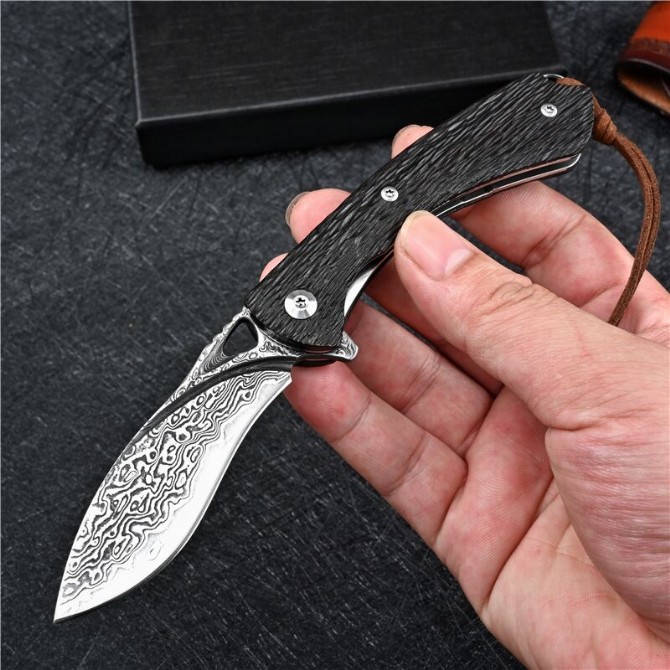 VG10 Damascus-small dog leg folding knife (black handle)