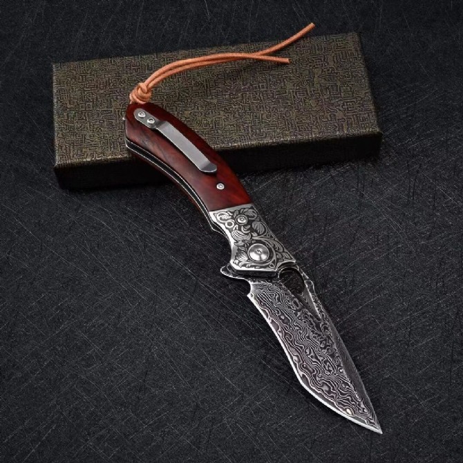 VG10 Damascus-Red Folding Knife