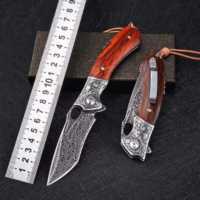 VG10 Damascus-Red Folding Knife