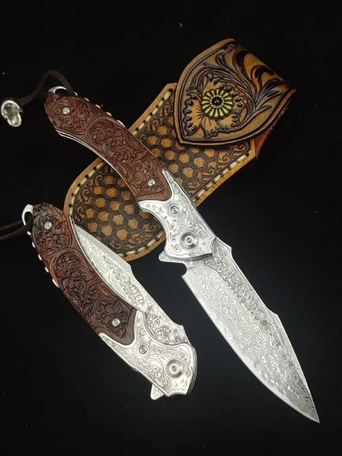 [National Style-Yuetang] CNC embossed Damascus folding knife export version